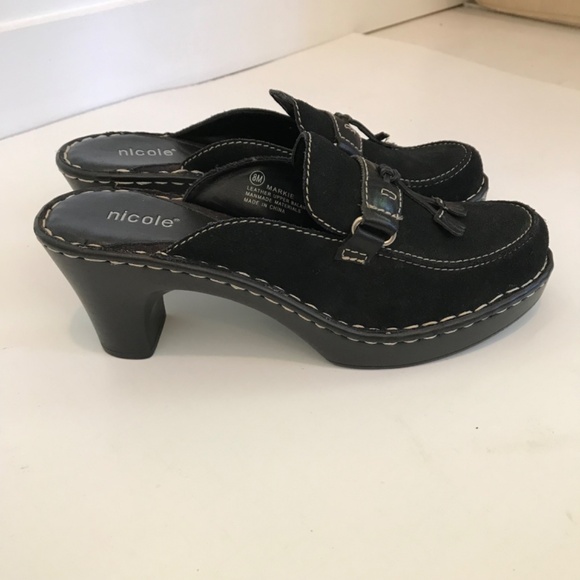 NICOLE Platform Mule Clogs Leather Black Slip On Heeled Clogs Markie Size 8 - Picture 4 of 16